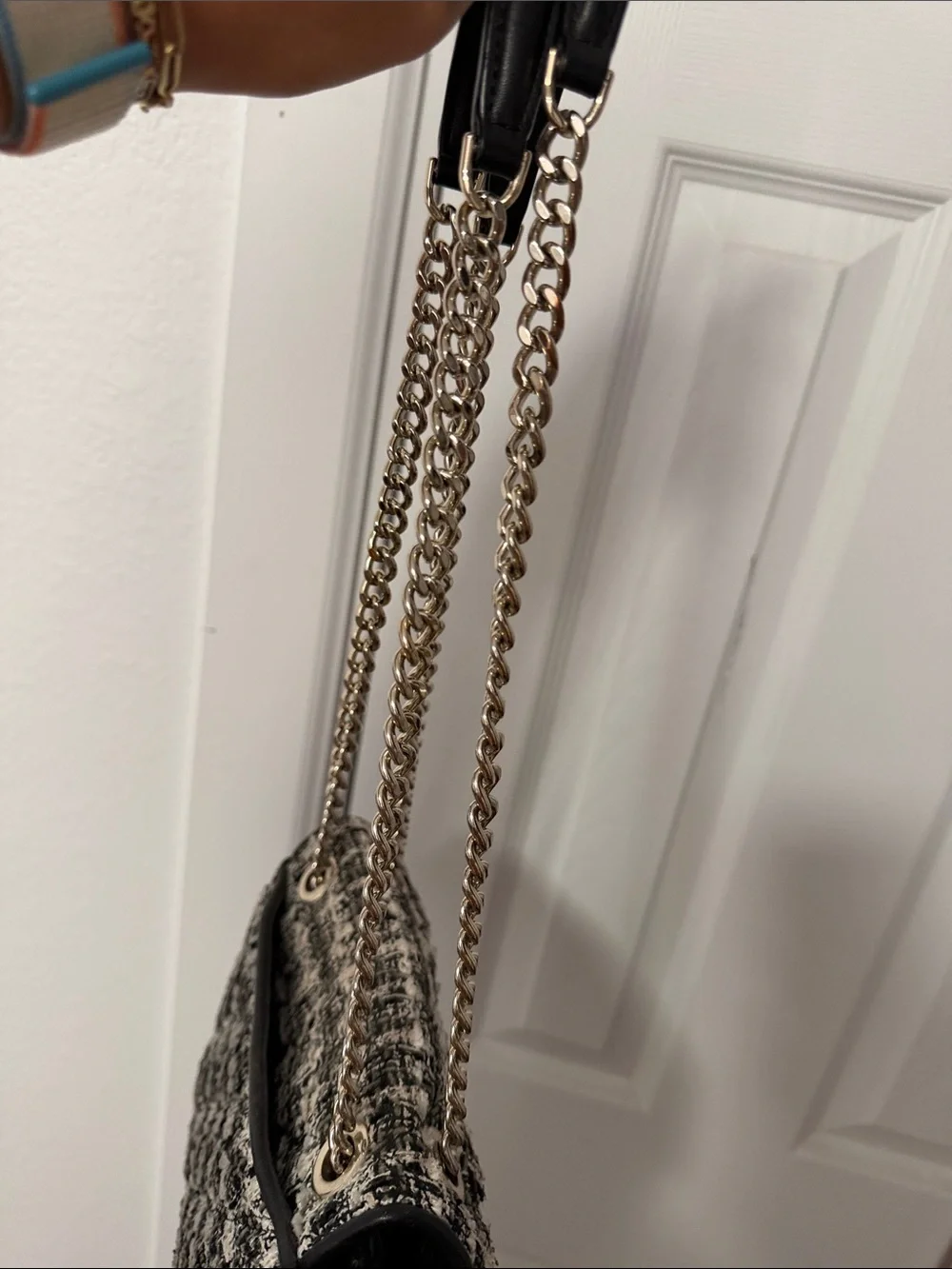 kate spade Black and Cream Tweed Shoulder Bag with Gold Chain